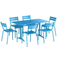 Lancaster Table & Seating 32" x 60" Blue Powder-Coated Aluminum Dining Height Outdoor Table with Umbrella Hole and 6 Side Chairs