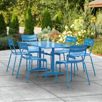 Lancaster Table & Seating 32 inch x 60 inch Blue Powder-Coated Aluminum Dining Height Outdoor Table with Umbrella Hole and 6 Side Chairs