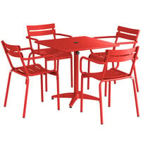 Lancaster Table & Seating 32 inch x 32 inch Red Powder-Coated Aluminum Dining Height Outdoor Table with Umbrella Hole and 4 Arm Chairs