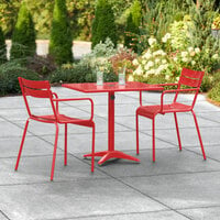 Lancaster Table & Seating 24 inch x 32 inch Red Powder-Coated Aluminum Dining Height Outdoor Table with Umbrella Hole and 2 Arm Chairs