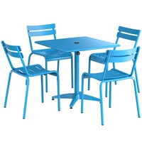Lancaster Table & Seating 32 inch x 32 inch Blue Powder-Coated Aluminum Dining Height Outdoor Table with Umbrella Hole and 4 Side Chairs