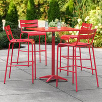 Lancaster Table & Seating 32 inch x 32 inch Red Powder-Coated Aluminum Bar Height Outdoor Table with Umbrella Hole and 4 Barstools