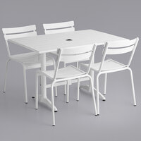 Lancaster Table & Seating 32 inch x 48 inch White Powder-Coated Aluminum Dining Height Outdoor Table with Umbrella Hole and 4 Side Chairs