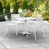 Lancaster Table & Seating 36 inch x 36 inch White Powder-Coated Aluminum Dining Height Outdoor Table with Umbrella Hole and 4 Arm Chairs