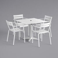 Lancaster Table & Seating 36 inch x 36 inch White Powder-Coated Aluminum Dining Height Outdoor Table with Umbrella Hole and 4 Arm Chairs