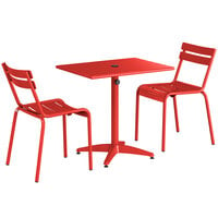 Lancaster Table & Seating 24 inch x 32 inch Red Powder-Coated Aluminum Dining Height Outdoor Table with Umbrella Hole and 2 Side Chairs