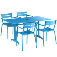 Lancaster Table & Seating 32 inch x 60 inch Blue Powder-Coated Aluminum Dining Height Outdoor Table with Umbrella Hole and 4 Arm Chairs