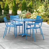 Lancaster Table & Seating 36 inch x 36 inch Blue Powder-Coated Aluminum Dining Height Outdoor Table with Umbrella Hole and 4 Arm Chairs