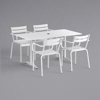 Lancaster Table & Seating 32 inch x 60 inch White Powder-Coated Aluminum Dining Height Outdoor Table with Umbrella Hole and 4 Arm Chairs
