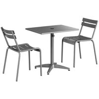 Lancaster Table & Seating 24 inch x 32 inch Matte Gray Powder-Coated Aluminum Dining Height Outdoor Table with Umbrella Hole and 2 Side Chairs