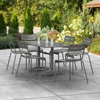 Lancaster Table & Seating 32 inch x 60 inch Matte Gray Powder-Coated Aluminum Dining Height Outdoor Table with Umbrella Hole and 6 Side Chairs