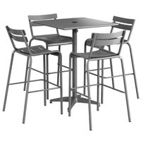 Lancaster Table & Seating 32 inch x 32 inch Matte Gray Powder-Coated Aluminum Bar Height Outdoor Table with Umbrella Hole and 4 Barstools