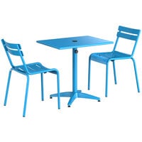 Lancaster Table & Seating 24 inch x 32 inch Blue Powder-Coated Aluminum Dining Height Outdoor Table with Umbrella Hole and 2 Side Chairs