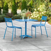 Lancaster Table & Seating 24 inch x 32 inch Blue Powder-Coated Aluminum Dining Height Outdoor Table with Umbrella Hole and 2 Side Chairs