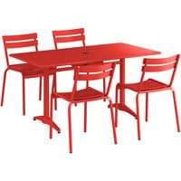 Lancaster Table & Seating 32 inch x 60 inch Red Powder-Coated Aluminum Dining Height Outdoor Table with Umbrella Hole and 4 Side Chairs