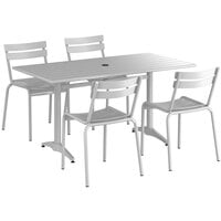 Lancaster Table & Seating 32 inch x 60 inch Silver Powder-Coated Aluminum Dining Height Outdoor Table with Umbrella Hole and 4 Side Chairs