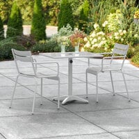 Lancaster Table & Seating 24 inch x 32 inch Silver Powder-Coated Aluminum Dining Height Outdoor Table with Umbrella Hole and 2 Arm Chairs