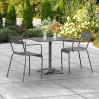 Lancaster Table & Seating 24 inch x 32 inch Matte Gray Powder-Coated Aluminum Dining Height Outdoor Table with Umbrella Hole and 2 Arm Chairs