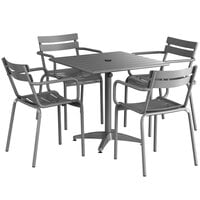 Lancaster Table & Seating 32 inch x 32 inch Matte Gray Powder-Coated Aluminum Dining Height Outdoor Table with Umbrella Hole and 4 Arm Chairs