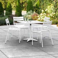 Lancaster Table & Seating 32 inch x 32 inch White Powder-Coated Aluminum Dining Height Outdoor Table with Umbrella Hole and 4 Side Chairs