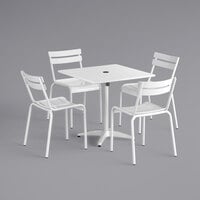 Lancaster Table & Seating 32 inch x 32 inch White Powder-Coated Aluminum Dining Height Outdoor Table with Umbrella Hole and 4 Side Chairs
