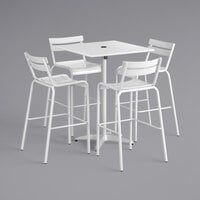 Lancaster Table & Seating 32 inch x 32 inch White Powder-Coated Aluminum Bar Height Outdoor Table with Umbrella Hole and 4 Barstools