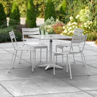 Lancaster Table & Seating 32 inch x 32 inch Silver Powder-Coated Aluminum Dining Height Outdoor Table with Umbrella Hole and 4 Side Chairs