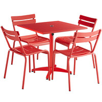 Lancaster Table & Seating 32 inch x 32 inch Red Powder-Coated Aluminum Dining Height Outdoor Table with Umbrella Hole and 4 Side Chairs