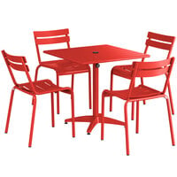 Lancaster Table & Seating 32 inch x 32 inch Red Powder-Coated Aluminum Dining Height Outdoor Table with Umbrella Hole and 4 Side Chairs