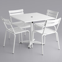 Lancaster Table & Seating 36 inch x 36 inch White Powder-Coated Aluminum Dining Height Outdoor Table with Umbrella Hole and 4 Side Chairs