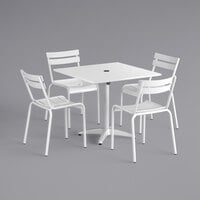 Lancaster Table & Seating 36" x 36" White Powder-Coated Aluminum Dining Height Outdoor Table with Umbrella Hole and 4 Side Chairs