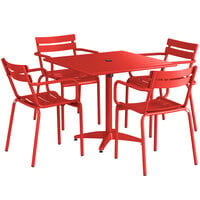 Lancaster Table & Seating 36 inch x 36 inch Red Powder-Coated Aluminum Dining Height Outdoor Table with Umbrella Hole and 4 Arm Chairs