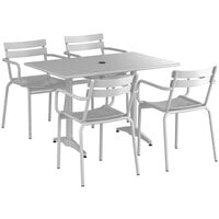 Lancaster Table & Seating 32" x 48" Silver Powder-Coated Aluminum Dining Height Outdoor Table with Umbrella Hole and 4 Arm Chairs