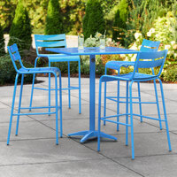 Lancaster Table & Seating 32 inch x 32 inch Blue Powder-Coated Aluminum Bar Height Outdoor Table with Umbrella Hole and 4 Barstools