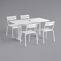 Lancaster Table & Seating 32 inch x 60 inch White Powder-Coated Aluminum Dining Height Outdoor Table with Umbrella Hole and 4 Side Chairs