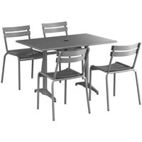 Lancaster Table & Seating 32" x 48" Matte Gray Powder-Coated Aluminum Dining Height Outdoor Table with Umbrella Hole and 4 Side Chairs