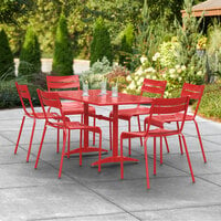 Lancaster Table & Seating 32 inch x 60 inch Red Powder-Coated Aluminum Dining Height Outdoor Table with Umbrella Hole and 6 Side Chairs