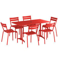 Lancaster Table & Seating 32" x 60" Red Powder-Coated Aluminum Dining Height Outdoor Table with Umbrella Hole and 6 Side Chairs