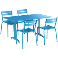 Lancaster Table & Seating 32 inch x 60 inch Blue Powder-Coated Aluminum Dining Height Outdoor Table with Umbrella Hole and 4 Side Chairs