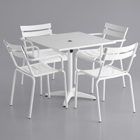 Lancaster Table & Seating 32 inch x 32 inch White Powder-Coated Aluminum Dining Height Outdoor Table with Umbrella Hole and 4 Arm Chairs