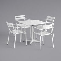 Lancaster Table & Seating 32 inch x 32 inch White Powder-Coated Aluminum Dining Height Outdoor Table with Umbrella Hole and 4 Arm Chairs