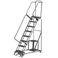 Ballymore SPL-8-14N 8-Step Gray Steel Rolling Safety Ladder / Stock Picking Cart with 2 Shelves and 16 inch Wide Steps - 14 inch Deep Top Step