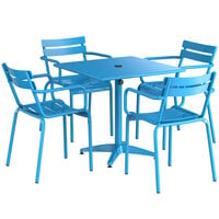 Lancaster Table & Seating 32 inch x 32 inch Blue Powder-Coated Aluminum Dining Height Outdoor Table with Umbrella Hole and 4 Arm Chairs