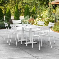 Lancaster Table & Seating 32 inch x 60 inch White Powder-Coated Aluminum Dining Height Outdoor Table with Umbrella Hole and 6 Side Chairs