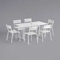 Lancaster Table & Seating 32 inch x 60 inch White Powder-Coated Aluminum Dining Height Outdoor Table with Umbrella Hole and 6 Side Chairs