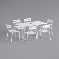 Lancaster Table & Seating 32" x 60" White Powder-Coated Aluminum Dining Height Outdoor Table with Umbrella Hole and 6 Side Chairs