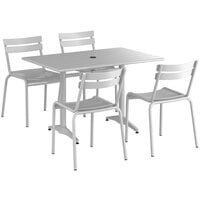 Lancaster Table & Seating 32 inch x 48 inch Silver Powder-Coated Aluminum Dining Height Outdoor Table with Umbrella Hole and 4 Side Chairs