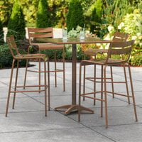 Lancaster Table & Seating 32 inch x 32 inch Brown Powder-Coated Aluminum Bar Height Outdoor Table with Umbrella Hole and 4 Barstools