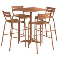 Lancaster Table & Seating 32" x 32" Brown Powder-Coated Aluminum Bar Height Outdoor Table with Umbrella Hole and 4 Barstools