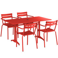 Lancaster Table & Seating 32 inch x 60 inch Red Powder-Coated Aluminum Dining Height Outdoor Table with Umbrella Hole and 4 Arm Chairs